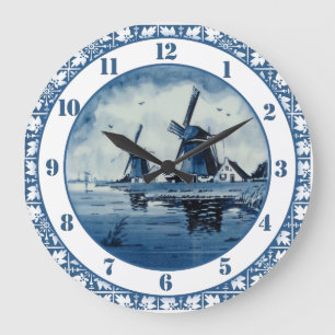 Dutch Windmill Delft Colors Blue and White Large Clock