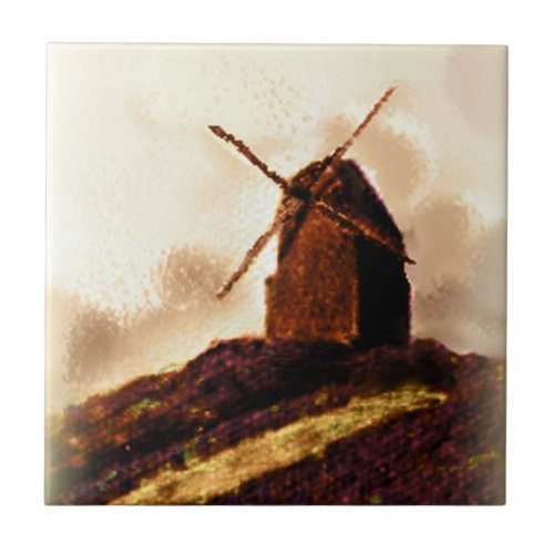 Dutch Windmill Sepia Painting Ceramic Tile
