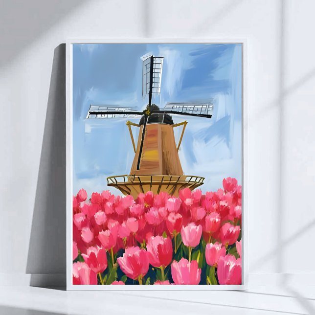 Dutch Windmill Tulip Flower Field Watercolor Art Poster (Creator Uploaded)