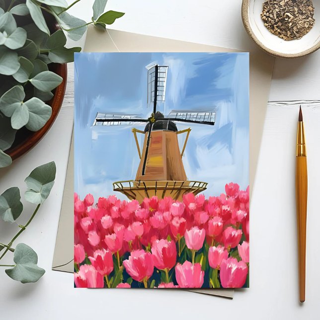 Dutch Windmill Tulip Flower Field Watercolor Postcard (Creator Uploaded)