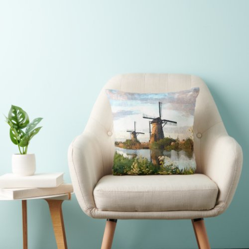 Dutch Windmills at River Watercolor Art Painting Throw Pillow