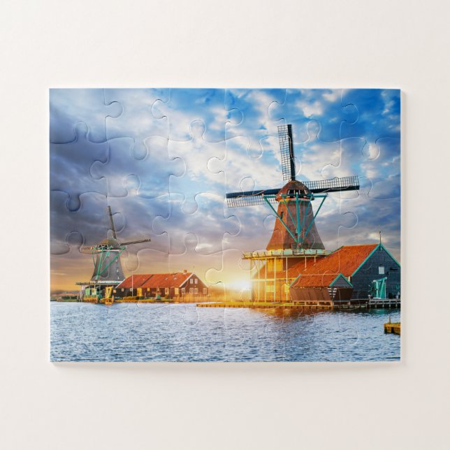 Dutch Windmills Cloudy Sunset Rotterdam Holland Jigsaw Puzzle (Horizontal)