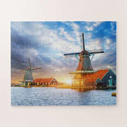 Dutch Windmills Cloudy Sunset Rotterdam Holland Jigsaw Puzzle