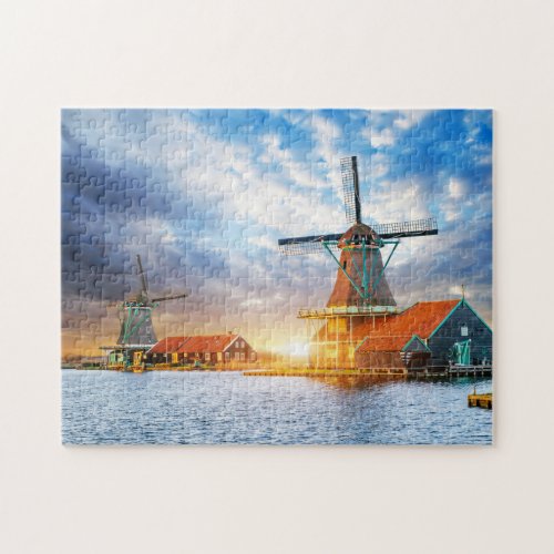 Dutch Windmills Cloudy Sunset Rotterdam Holland Jigsaw Puzzle