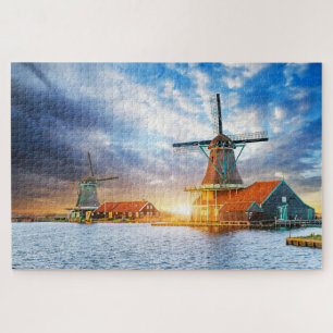 Dutch Windmills Cloudy Sunset Rotterdam Holland Jigsaw Puzzle
