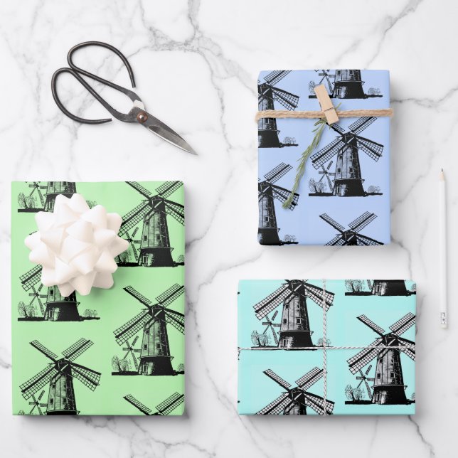 Dutch Windmills Design Wrapping Paper Sheets (Front)