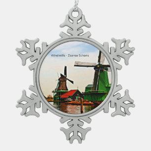 Dutch Windmills, Zaanse Schans, Holland, Snowflake Pewter Christmas Ornament