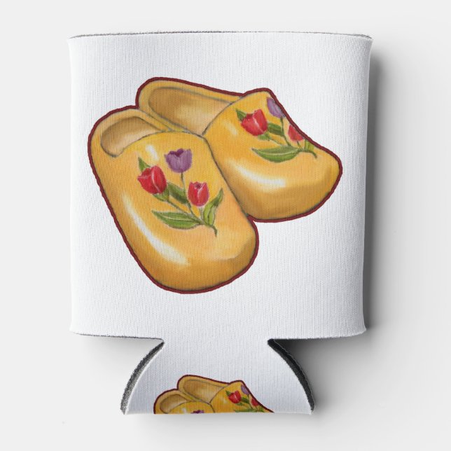 Dutch Wooden Shoes, Tulips, Holland, Art Can Cooler (Front)