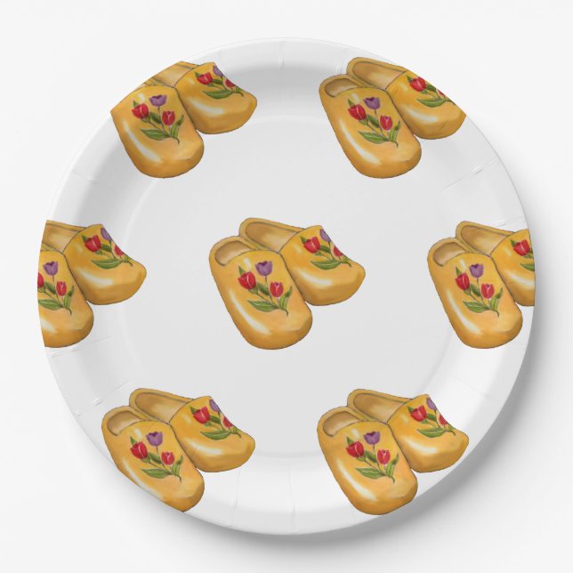 Dutch Wooden Shoes with Tulips, Klompen, Holland Paper Plates (Front)