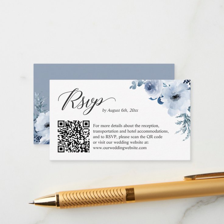 Duty Blue Floral Wedding RSVP Online QR Code Enclosure Card Zazzle