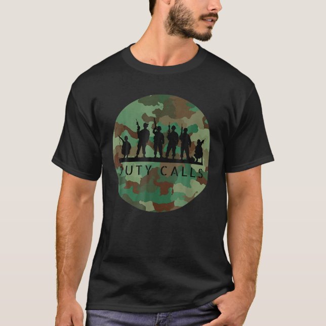 Duty Calls Cool Camouflage Soldier Figurine T-Shirt (Front)