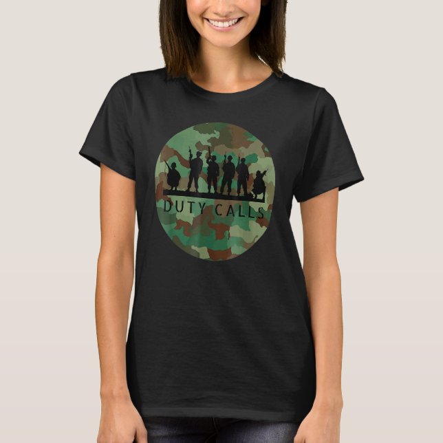 Duty Calls Cool Camouflage Soldier Figurine T-Shirt (Front)