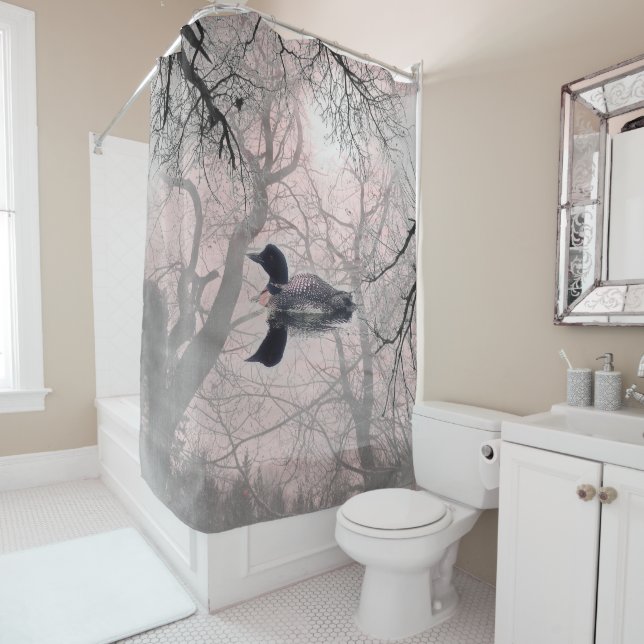 Duvet cover  Black and white loon on a lake pink Shower Curtain (In Situ)