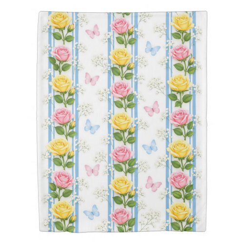 Duvet Cover Blue Pink & Yellow Roses Floral Stripe