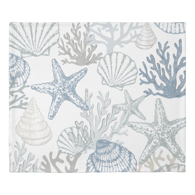 Duvet Cover Blue Starfish Seashells Coastal Beach (Front)
