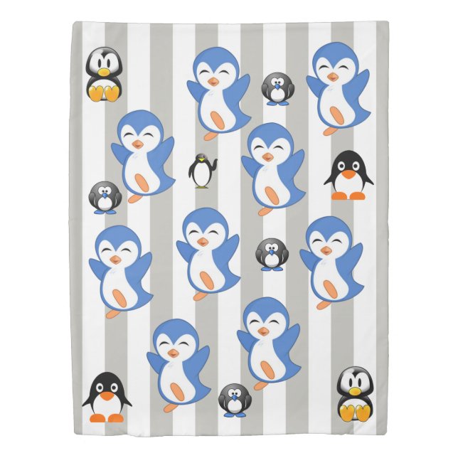 Duvet Cover Blue & White Stripe Penguin (Front)