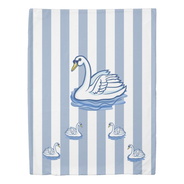 Duvet Cover Blue & White Stripe Swans (Front)
