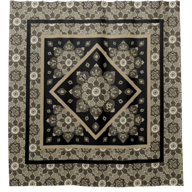 Duvet Cover Boho Sepia Medallions on black Shower Curtain (Front)