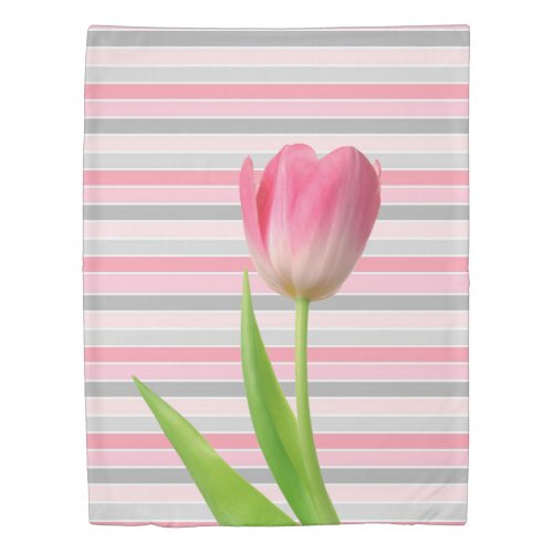 Duvet Cover Pink Tulip Gray Stripe