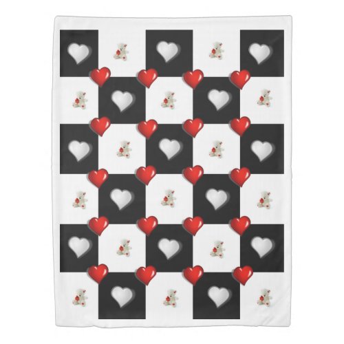 Duvet Cover White Teddy Bear Red Hearts