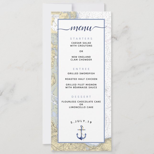 Duxbury Harbor MA Nautical Chart Wedding Menu Invitation (Front)