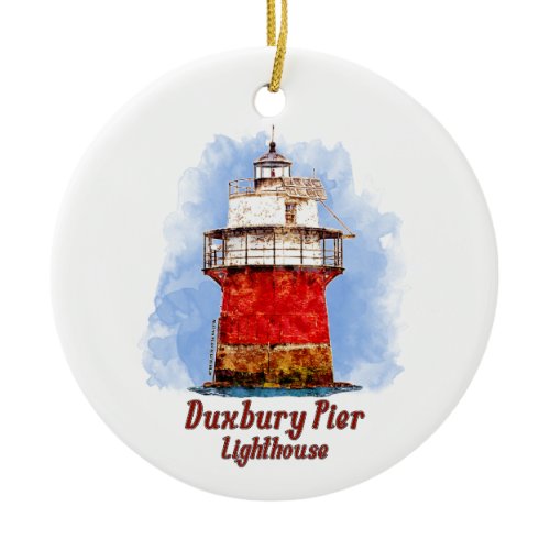 Duxbury Pier Lighthouse Watercolor - Massachusetts Ceramic Ornament