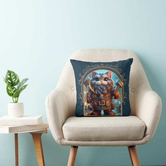 Dwarf Feline Fantasy Adventure Throw Pillow (Chair)