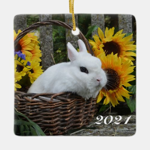 Dwarf Hotot Bunny Rabbit with Sunflowers Ceramic Ornament