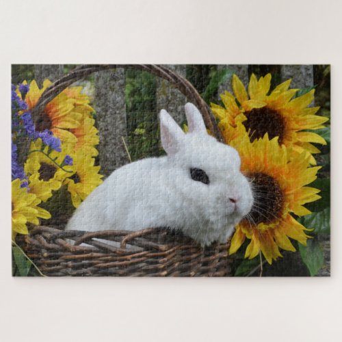 Dwarf Hotot Bunny Rabbit with Sunflowers Jigsaw Puzzle
