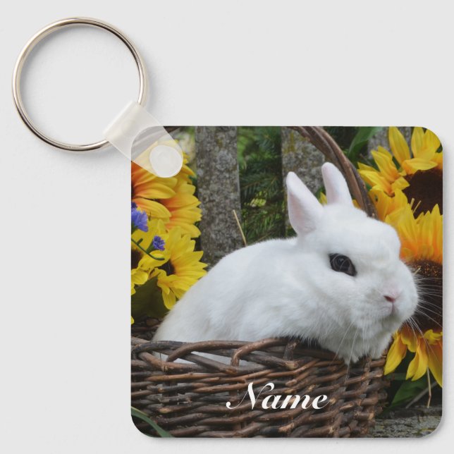 Dwarf Hotot Bunny Rabbit with Sunflowers Keychain (Front)