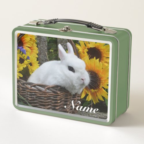 Dwarf Hotot Bunny Rabbit with Sunflowers Metal Lunch Box