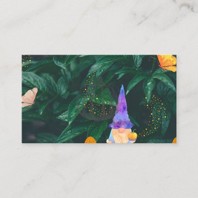 Dwarf with pumpkin and magic mushrooms and butterf business card (Front)