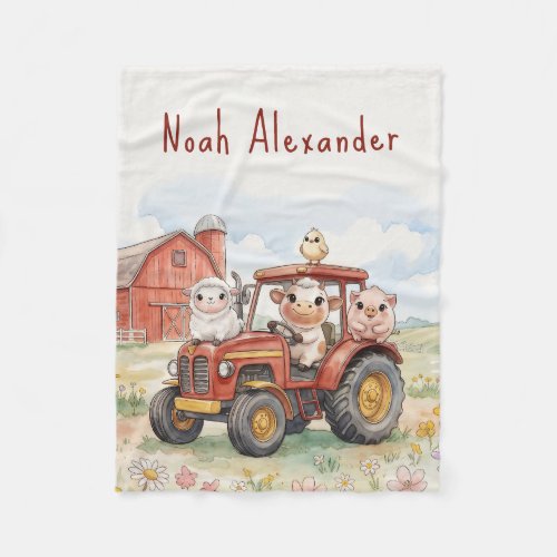 DWatercolor Baby Animals Driving Red Tractor Farm Fleece Blanket