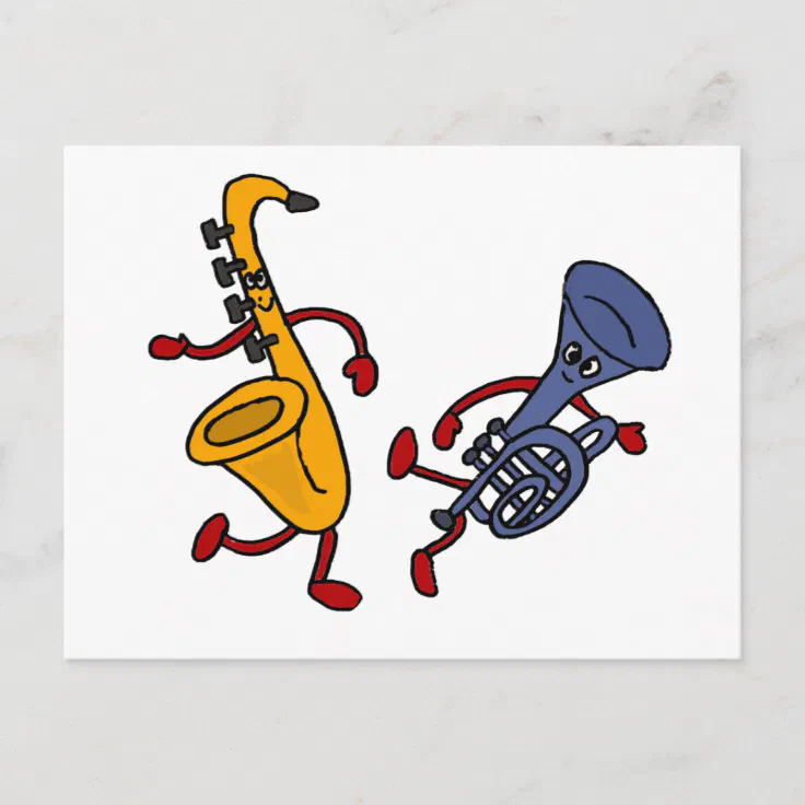 DY- Saxophone and Trumpet Dancing Cartoon Postcard | Zazzle