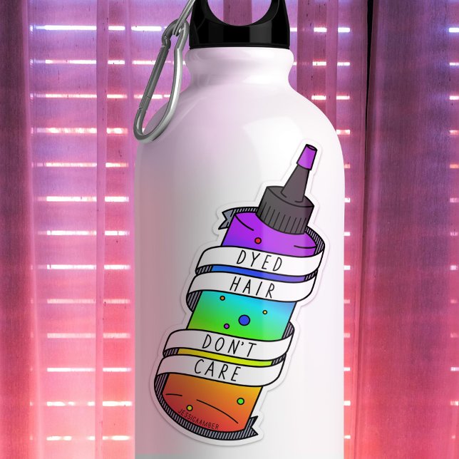 Dyed Hair Rainbow Bottle Funny Cartoon Sticker (Sticker featuring a hair dye bottle with rainbow liquid, and banner says 'Dyed Hair Don't Care')