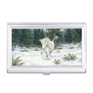 Dyfra Icelandic Unicorn Frolicking in Snowy Forest Business Card Case