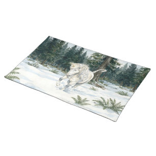 Dyfra Icelandic Unicorn Frolicking in Snowy Forest Cloth Placemat