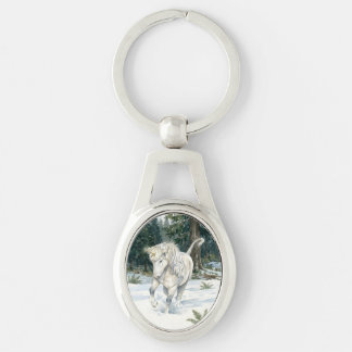 Dyfra Icelandic Unicorn Frolicking in Snowy Forest Keychain