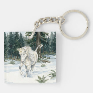 Dyfra Icelandic Unicorn Frolicking in Snowy Forest Keychain