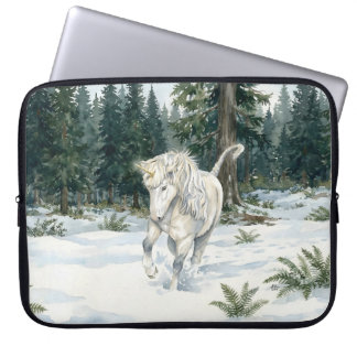 Dyfra Icelandic Unicorn Frolicking in Snowy Forest Laptop Sleeve
