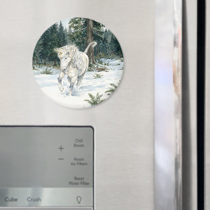 Dyfra Icelandic Unicorn Frolicking in Snowy Forest Magnet