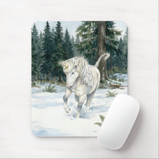 Dyfra Icelandic Unicorn Frolicking in Snowy Forest Mouse Pad