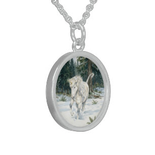 Dyfra Icelandic Unicorn Frolicking in Snowy Forest Sterling Silver Necklace