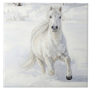 Dyfra the Icelandic Horse Galloping in Snow Ceramic Tile