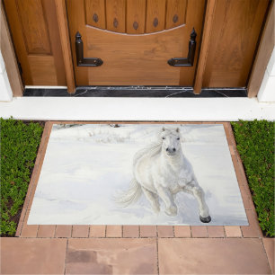 Dyfra the Icelandic Horse Galloping in Snow Doormat