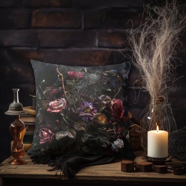 Dying Flowers with Spider Web Throw Pillow (Creator Uploaded)
