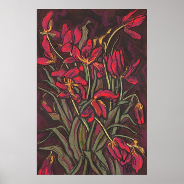 Dying Tulips Red Flowers Statement Floral Painting Poster (Front)
