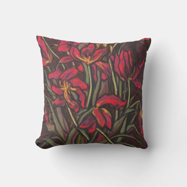 Dying Tulips Red Flowers Statement Floral Painting Throw Pillow (Front)