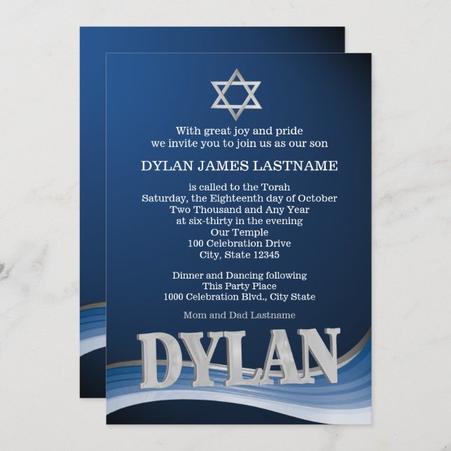 Dylan Steel Wave Name Bar Mitzvah Invitation (Front/Back)