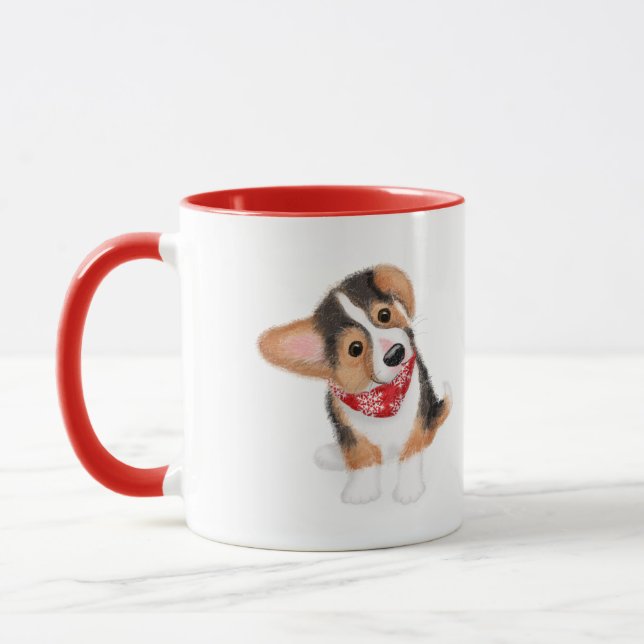 Dylan the corgi puppy Christmas mug (Left)